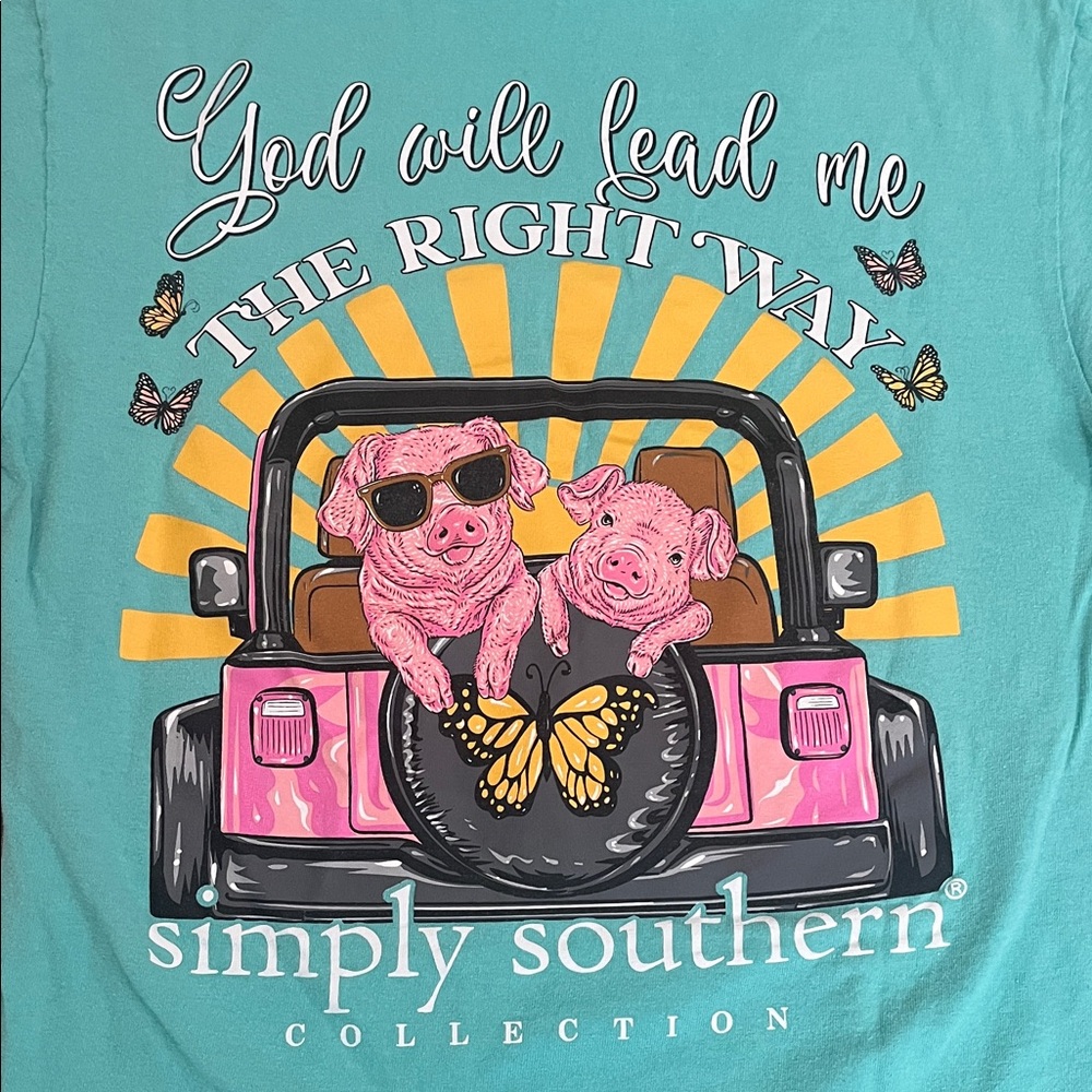 Simply Southern Teal Tee with Pink Pigs and Yellow Accents